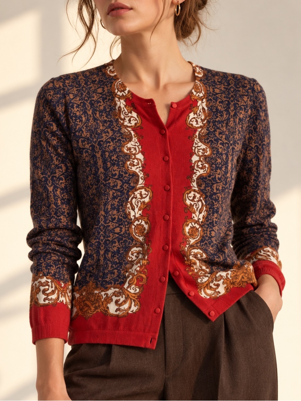 100% Merino Baroque Print Cardigan